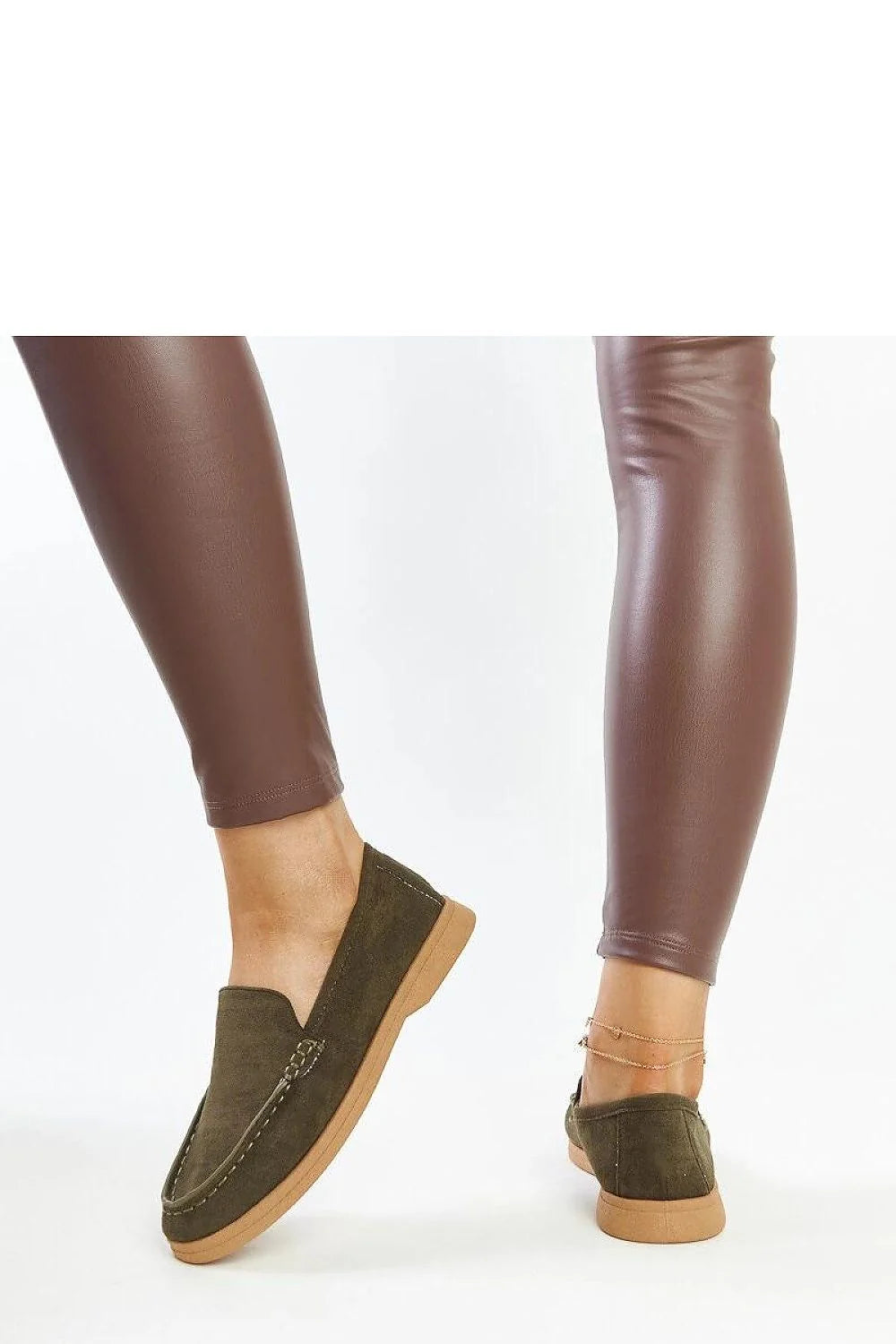 Mocassins femmes élégants en daim vert olive basse couture relief occasion quotidienne et spéciale