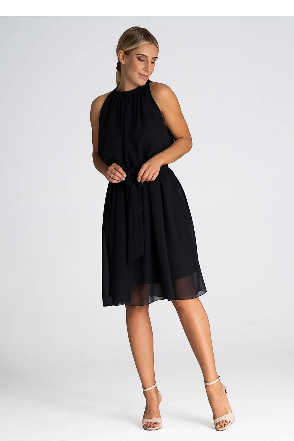Robe de soirée élégante longue en mousseline de soie encolure dos nu ceinture ajustable pour femme