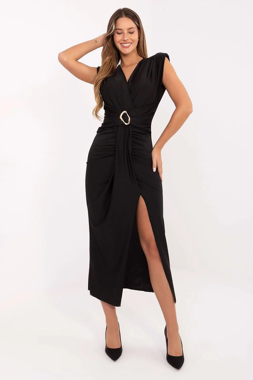 robe soirée crayon midi élégante féminine noire viscose polyester confortable ajustée épaulettes structurées décolleté croisé fente latérale sensuelle