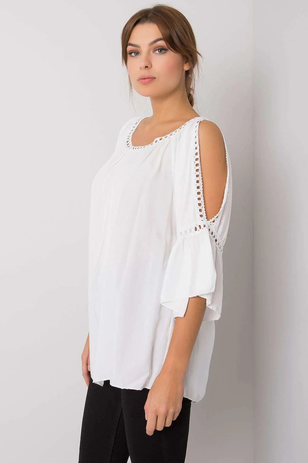 chemisier Och Bella orange vif viscose léger respirant ample fluide encolure arrondie fronces manches troisquarts coldshoulder évasées dentelle ajourée bohème
