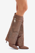 bottes talons aiguilles métallisées cuivrées microstrass bronze scintillant bout pointu silhouette ajustée empiècements guêtre cadenas argenté contrefort rigide glamour soirée