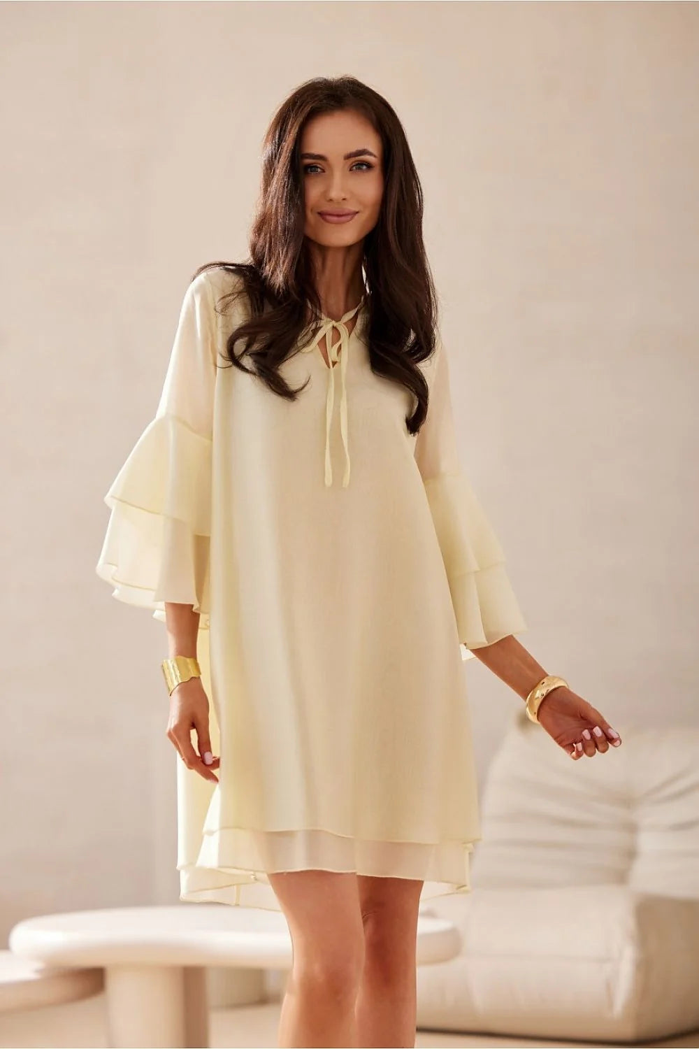 Robe de cocktail élégante tunique ample manches évasées décolleté V col à nouer robe beige Lyocell polyester femme L/XL
