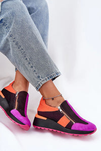Chaussures de sport basses pour femmes style urbain design moderne fermeture éclair cuir suède multicolore