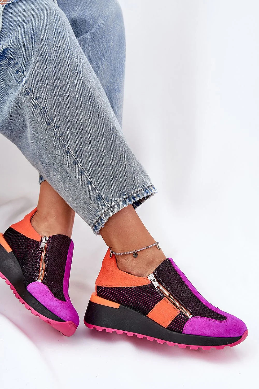 Chaussures de sport basses pour femmes style urbain design moderne fermeture éclair cuir suède multicolore