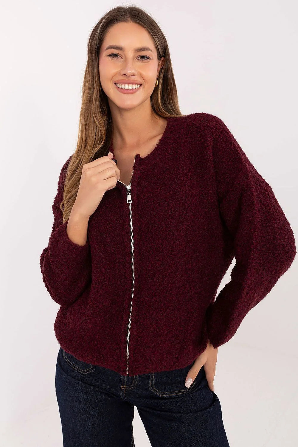 gilet zippé femme maille bouclette teddy bordeaux pelucheux col rond fermeture métal apparente manches longues coupe droite courte cocooning