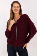 gilet zippé femme maille bouclette teddy bordeaux pelucheux col rond fermeture métal apparente manches longues coupe droite courte cocooning