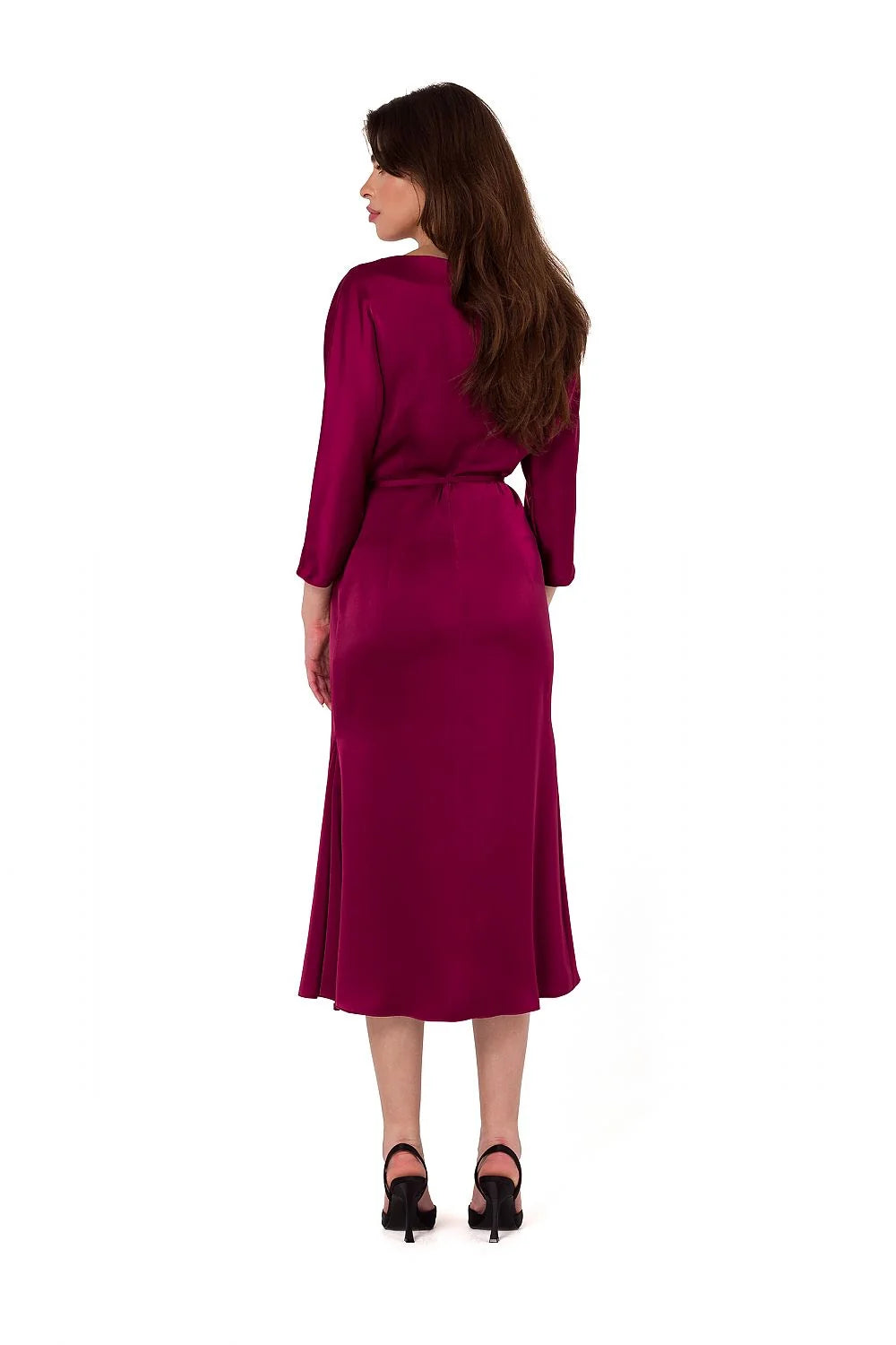 Robe de soirée Makover élégante couleur bordeaux manches kimono ceinture fine encolure bateau tissu satiné