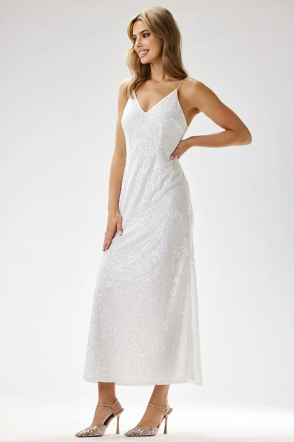 Robe longue élégante soirée velours paillettes encolure V bretelles fines dos nu occasions spéciales femmes