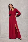 Robe longue élégante Roco Fashion en brocart rouge profond paillettes col V croisé manches longues bouffantes taille marquée jupe ample fente haute fermeture éclair invisible occasion formelle soirée