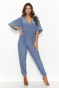 Combinaison femme chic élégante décontractée couleur bleu-gris viscose manches larges col V taille élastique jambes longues ourlet ajustable
