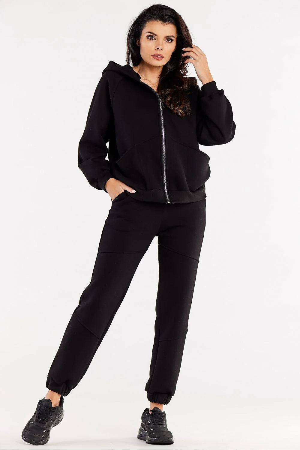 Survêtement complet moderne minimaliste noir pour femme, pantalon ample élastique, sweat à capuche, confort optimal, style décontracté, occasion sport et quotidienne