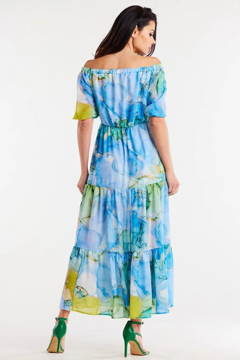 Robe de jour bohème multicolore en mousseline longue manches courtes élastique à la taille pour femme