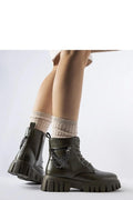 bottes Solea militaires femmes kaki cuir synthétique haute tige chaînes décoratives semelle crantée plateforme talon lacets zip latéral