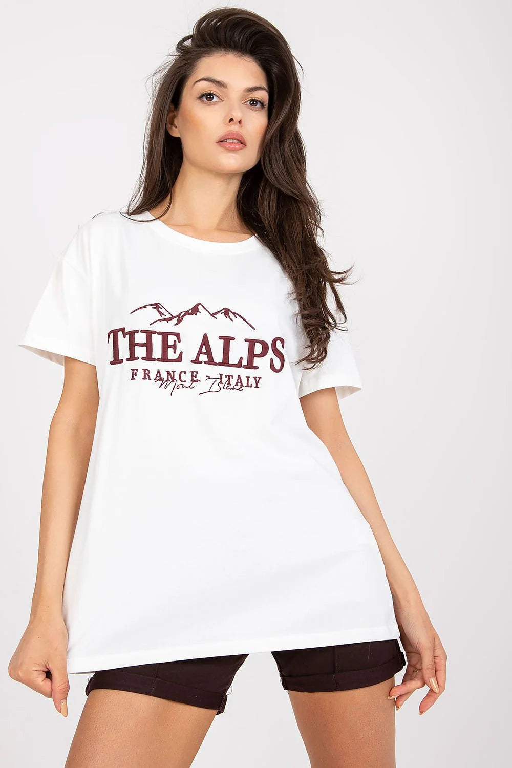 T-shirt Fancy pour femme vert profond imprimé THE ALPS France Italy montagnes graphique manches courtes col rond coton élasthanne
