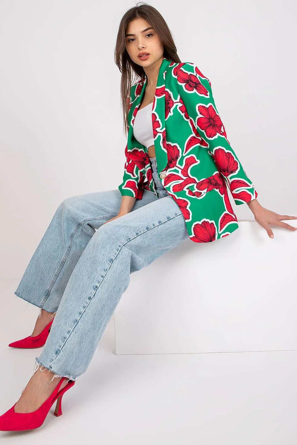 Veste femme Italie mode Floral polyester élasthanne manches longues col revers tailles S M L XL XXL
