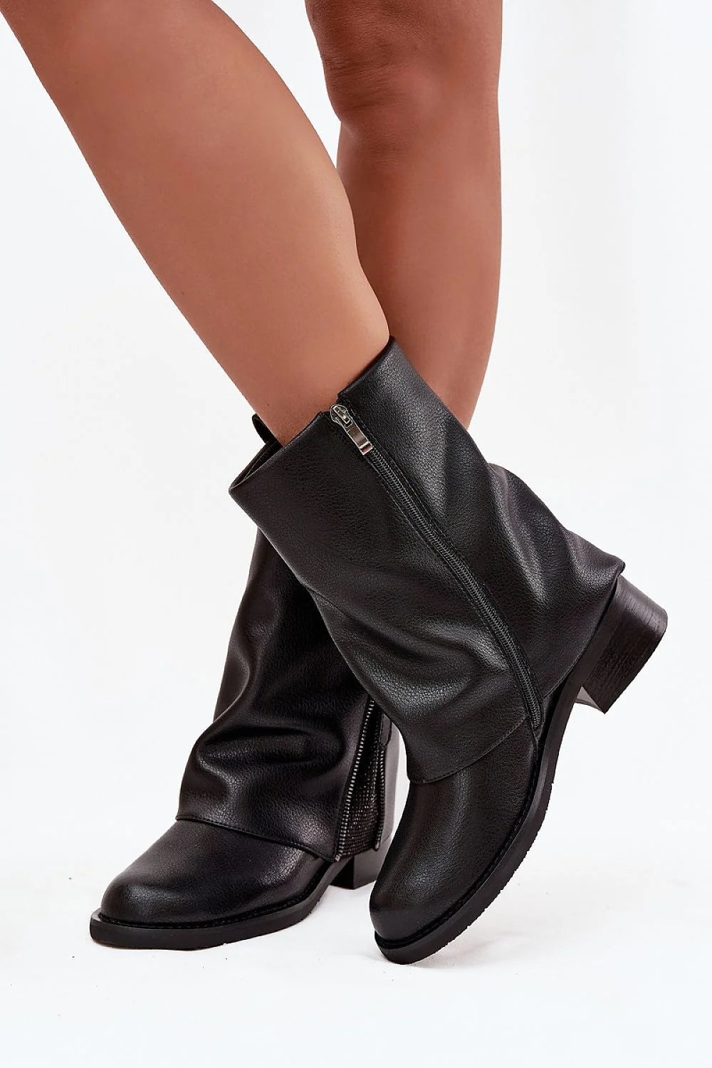 bottines femmes mi mollet cuir naturel tige repliée bout rond talon bloc bas fermeture zippée latérale semelle crantée doublure chaude