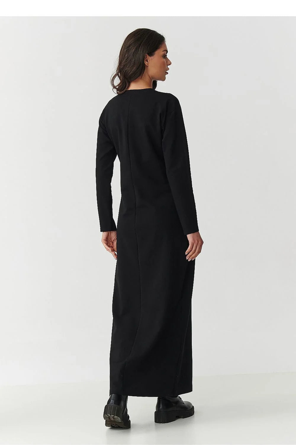 robe longue noire sweat maille jersey coupe droite col rond manches longues fente latérale haute longueur cheville coton élasthanne