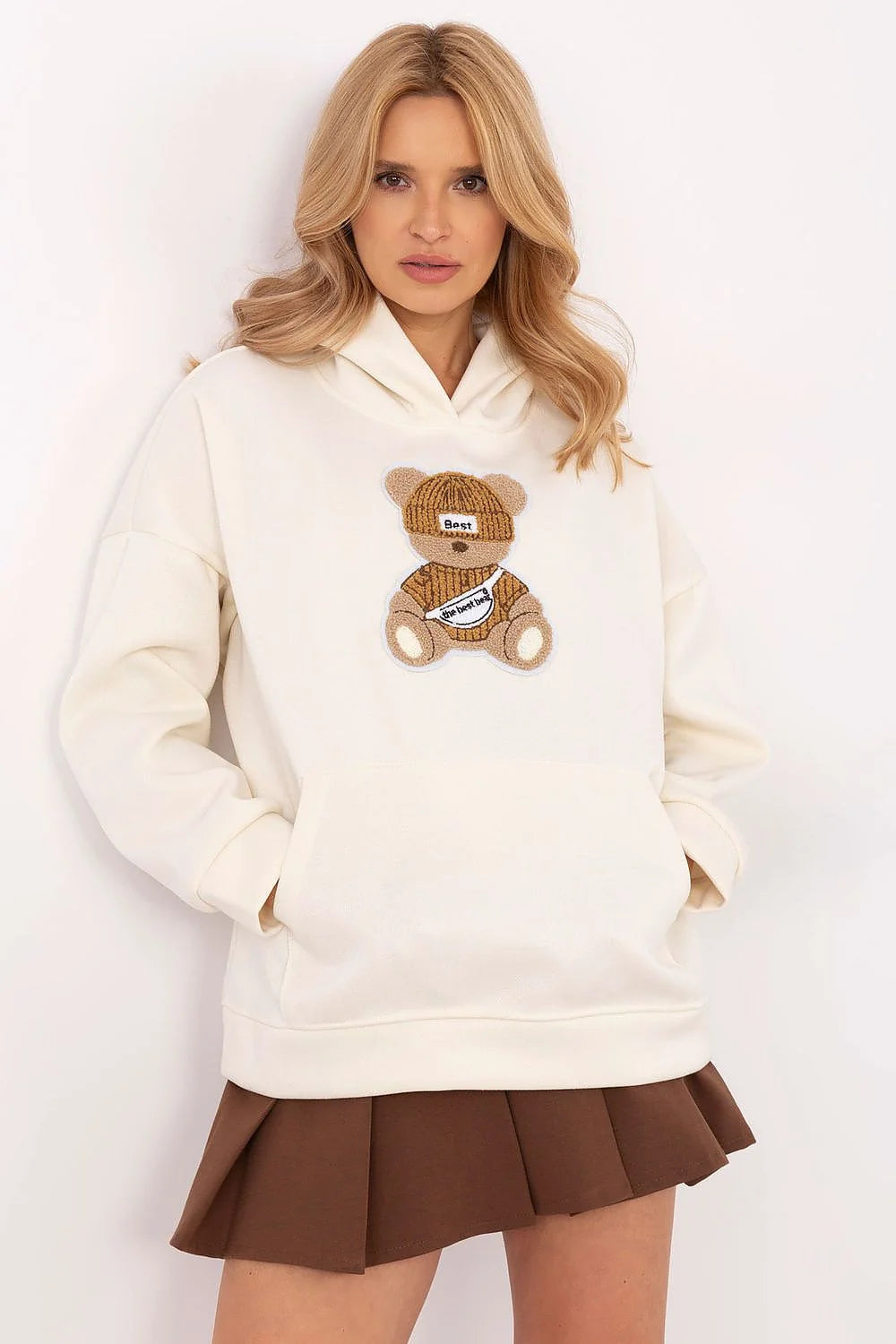 Hoodie femme Italie Moda style casual couleur beige motif ours en broderie polyester-coton doux confortable coupe large capuche ajustable poche kangourou sortie quotidienne modernité