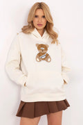 Hoodie femme Italie Moda style casual couleur beige motif ours en broderie polyester-coton doux confortable coupe large capuche ajustable poche kangourou sortie quotidienne modernité