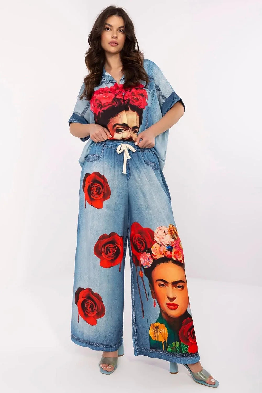 pantalon femme élégant imprimé coloré taille haute palazzo jambes larges fluide viscose polyester multicolore floral portraits bohème estival