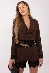shorts tailleur femme taille haute ceinture boucle ovale élastique arrière larges jambes dentelle bas clous brillants viscose polyester marron pois
