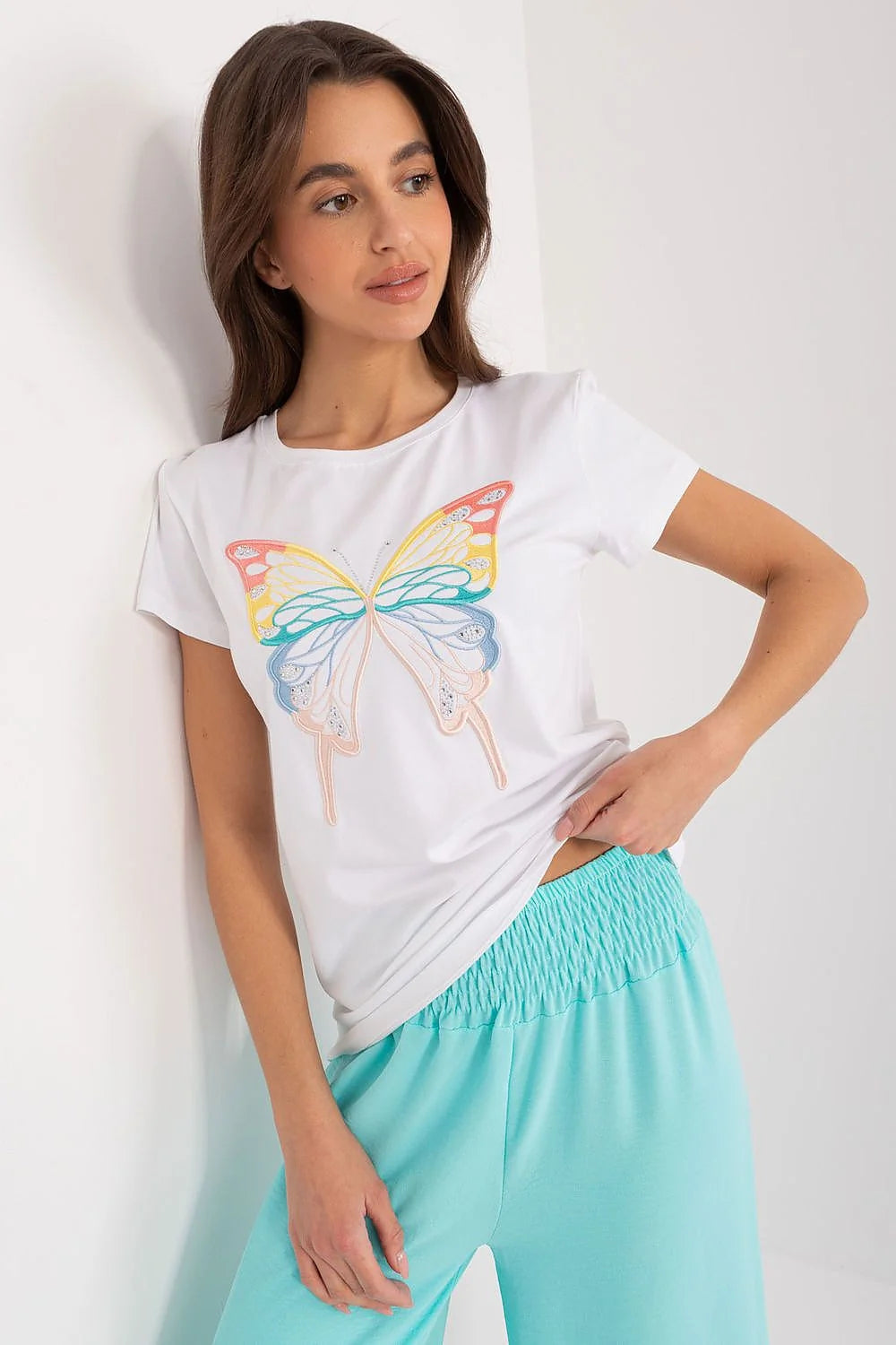T-shirt femme décontracté motif papillon coloré coton respirant manches courtes encolure ronde