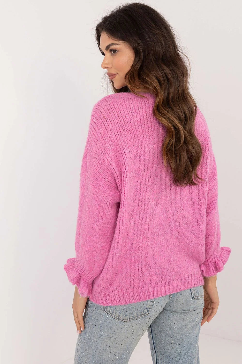 Pull féminin Chandail Italy Moda en laine acrylique rose vif manches longues col rond côtelé