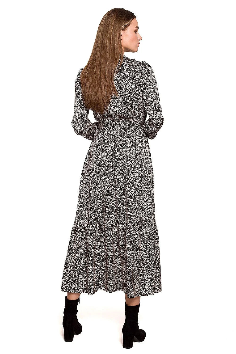 Robe longue polyester chic élégante imprimé léopard automne col haut manches longues ceinture intégrée