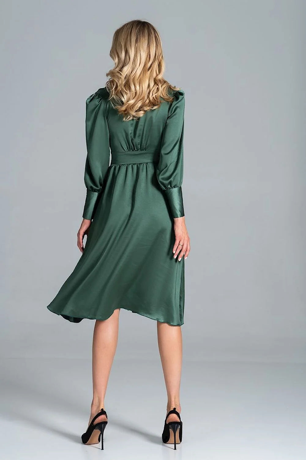 Robe satin vert foncé élégante manches longues dos nu ajustable événements formels femme chic