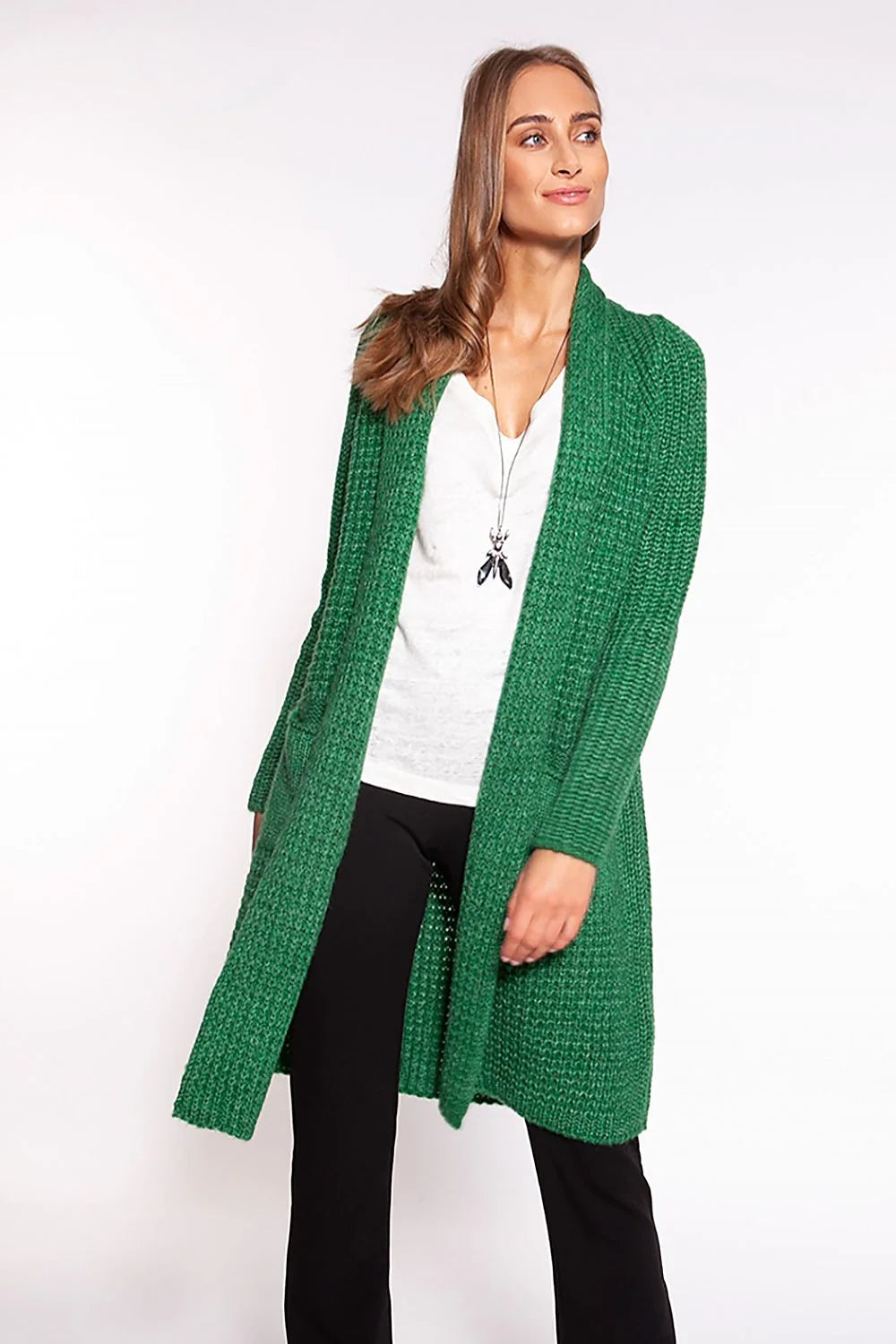 cardigan femme beige clair long col châle gaufrée laine acrylique cocooning manches bouffantes poches plaquées coupe mi cuisse