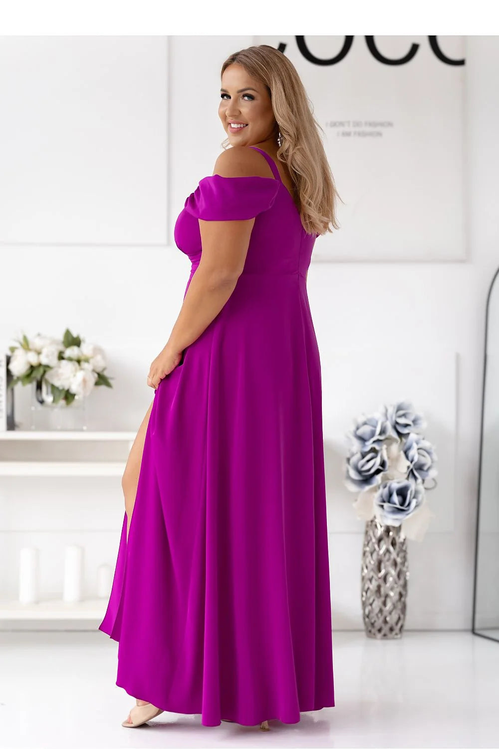 Robe longue élégante With You magenta femmes soirée mariage manches longues encolure cœur bretelles fines taille ajustable polyester coton élasthanne