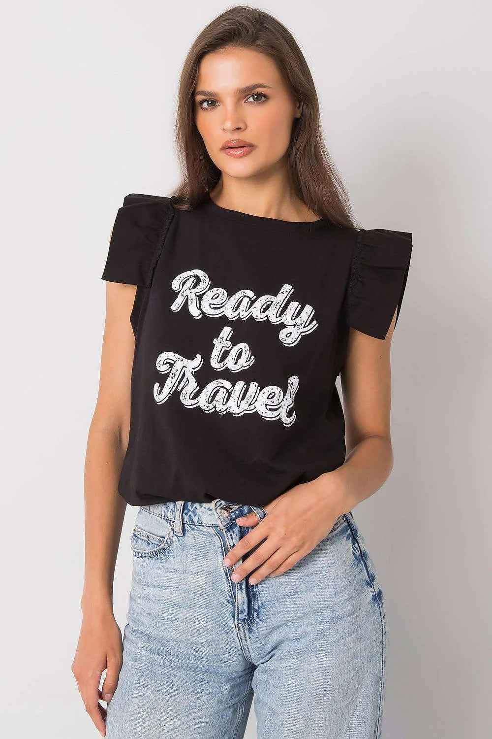 Top mode femme sans manches en coton graphique Ready to Travel ruffle neckline pastel yellow casual chic