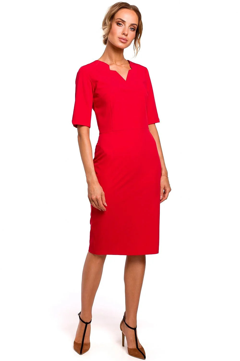 robe fourreau midi bleu royal ajustée structurée taille marquée encolure V manches mi longues tissu polyester viscose elasthanne maintien élégant