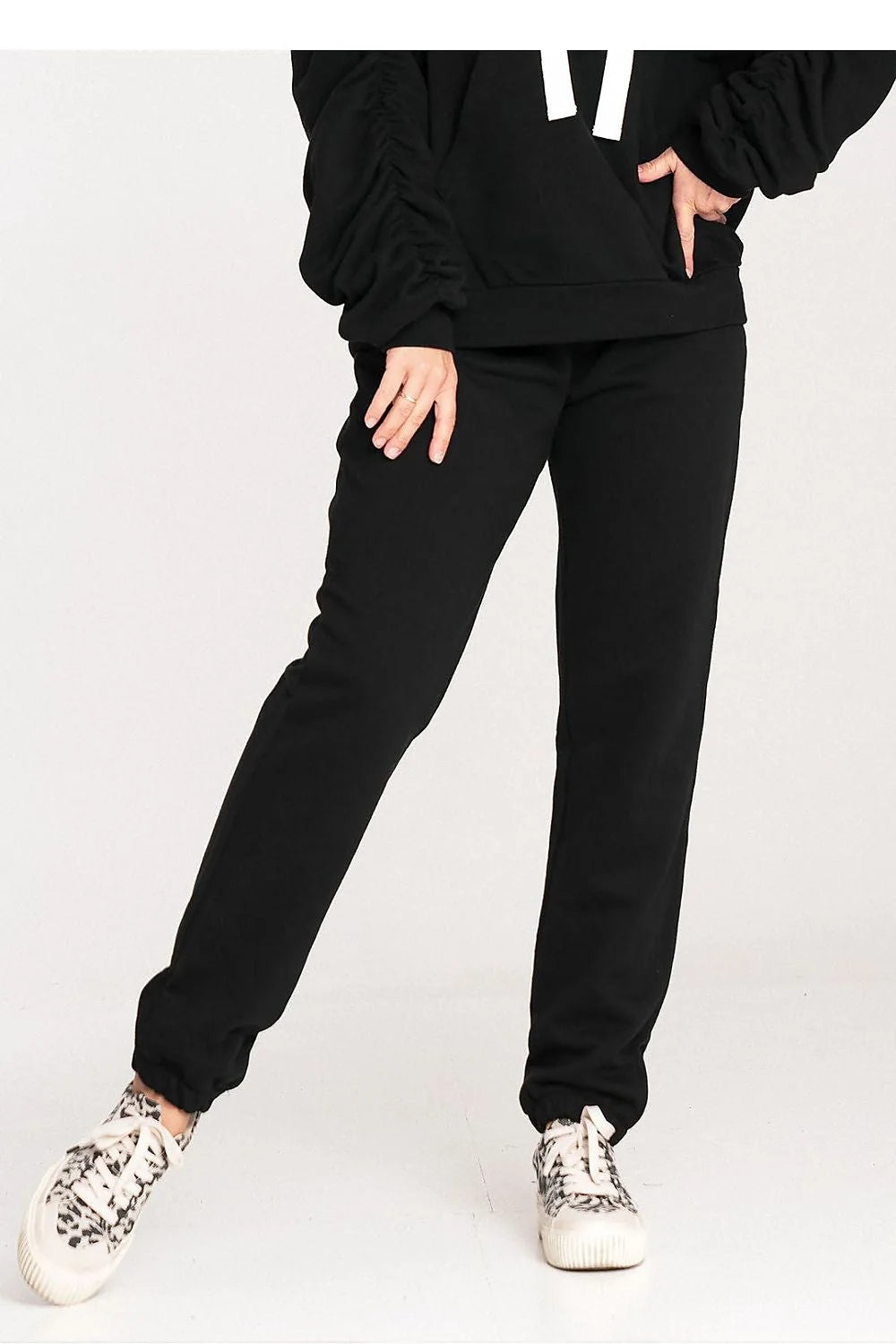 Pantalon survêtement Figl femme en coton noir élastique taille large sweat-shirt ample style décontracté jogging coupe droite
