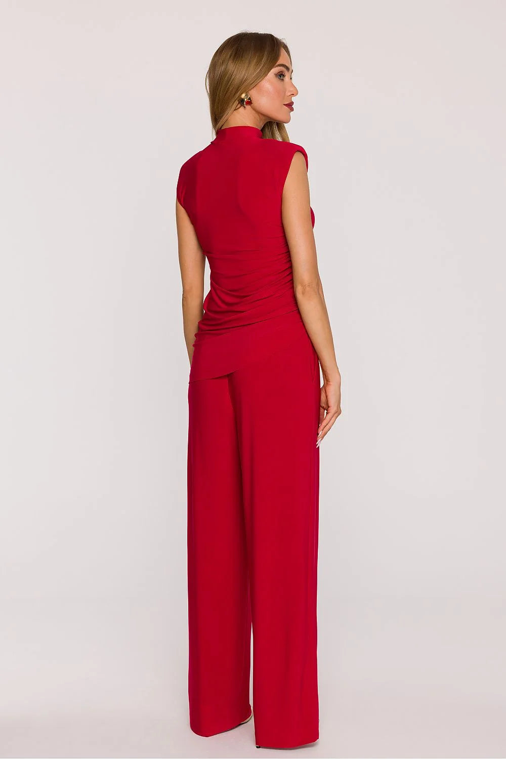 ensemble pantalon top femme rouge col montant sans manches drapé fronces jersey extensible taille haute jambes larges poches