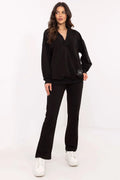 Ensemble moderne et décontracté pour femme noir uni haut ample manches longues encolure V profonde pantalon évasé taille haute