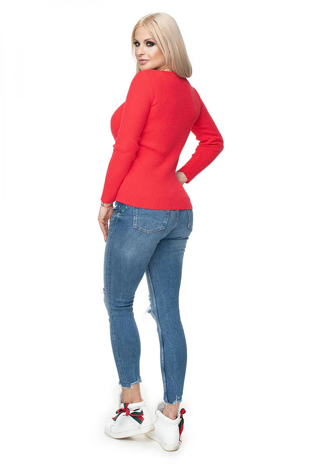 Pull Femme Chandail Pee Ka Boo Rouge Vif Côtelé Encolure Bateau Manches Longues Coupe Près du Corps Matière Douce Confort Élégance Mode