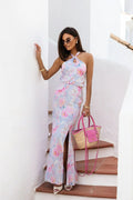 Robe longue élégante motif floral pastel rose bleu robe été femme ajustée taille fente latérale matériau fluide