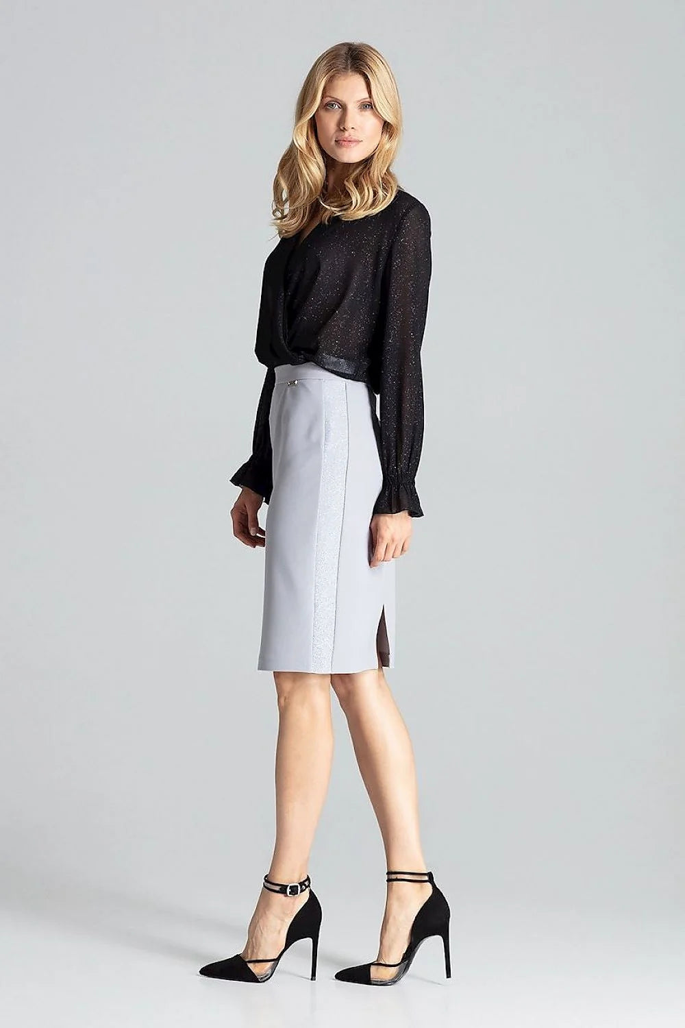 robe deux pièces rouge vif midi crayon taille blousante encolure V manches longues bouffantes fente dos fluide polyester élasthanne