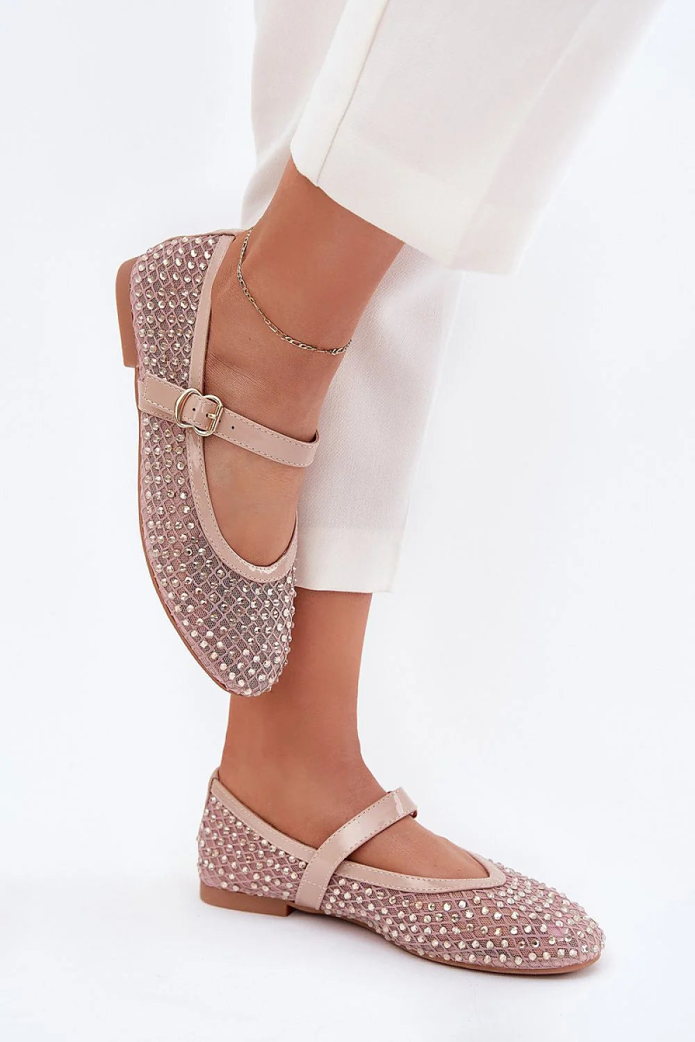 ballerines femme rose poudré strass brillante empeigne tressée bout rond talon plat mary jane bride réglable boucle dorée