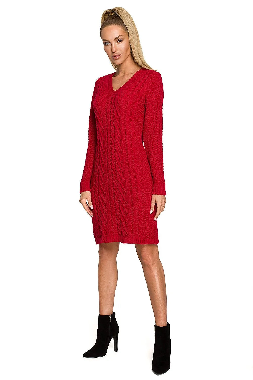 Robe maille tricotée motif torsade bleu vif chic casual femme manches longues coupe droite genoux taille S XL