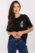 tshirt femme noir coton doux respirant manches courtes col rond coupe ample oversized imprimé poitrine motif chapeau lapin graphique ludique