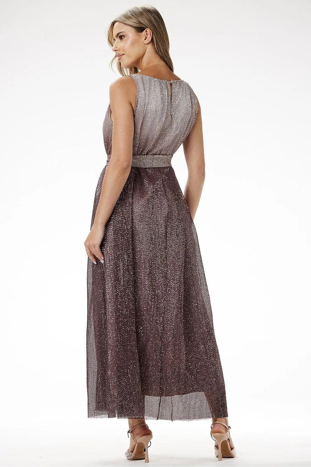 robe longue soirée élégante pailletée ombré vieuxrose tulle encolure bateau taille marquée ceinture intégrée jupe évasée cheville doublure opaque