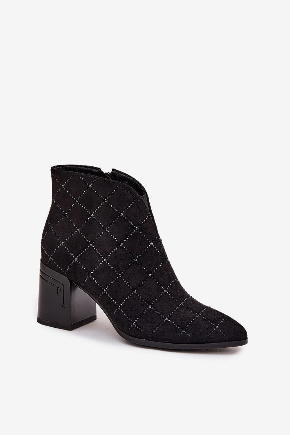 bottines suédine noire cheville talon colonne stable bout amande matelassé losanges strass scintillants fermeture zippée doublure fourrure élégante