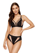Ensemble de lingerie féminine élégant en maille et tissu opaque, couleur noire, design moderne, soutien-gorge non rembourré, culotte moyenne, élasthanne, polyamide, polyester, coton, OEKO-TEX, femmes
