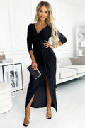 robe longue pailletée noire portefeuille drapée décolleté croisé V manches trois quarts fente avant haute coupe ajustée tissu stretch