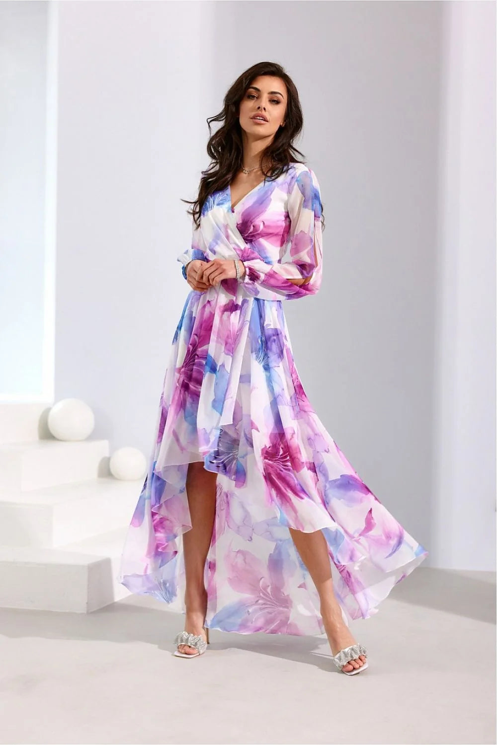 Robe de jour Roco Fashion asymétrique longue manches transparentes floral pastel décolleté cache-cœur taille ajustable femme