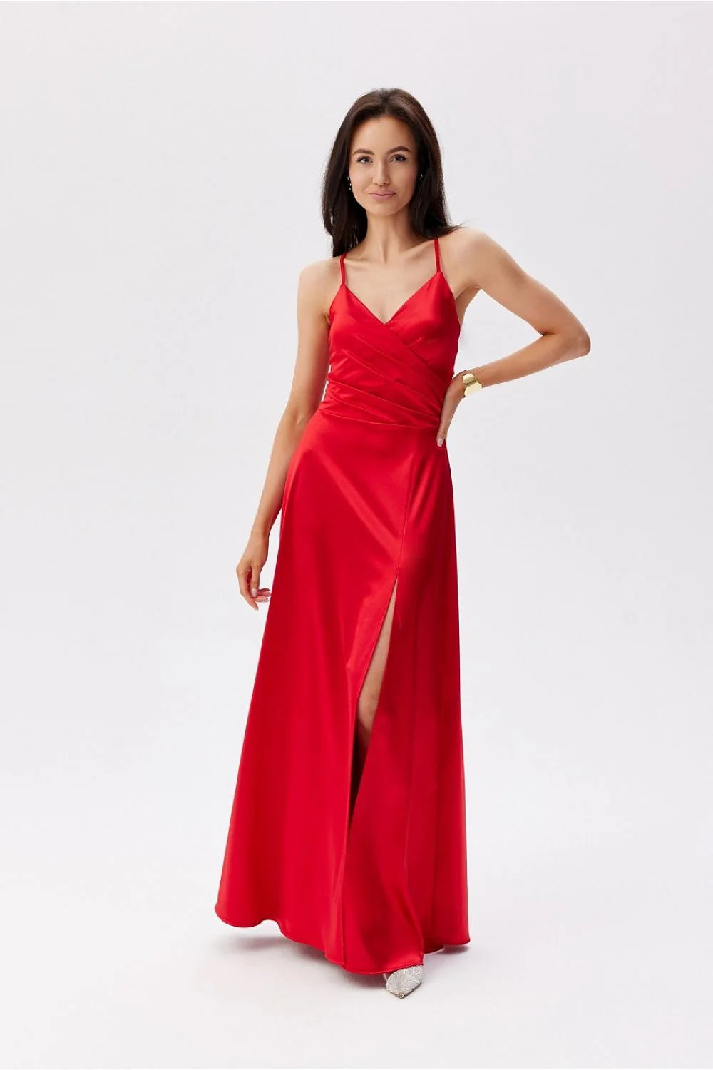 Robe de soirée élégante longue en satin rouge vif dos lace-up ajustable pour femmes
