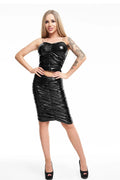 Ensemble sexy vinyle noir taille haute frous-frous haut sans manches bretelles fines jupe genou femme