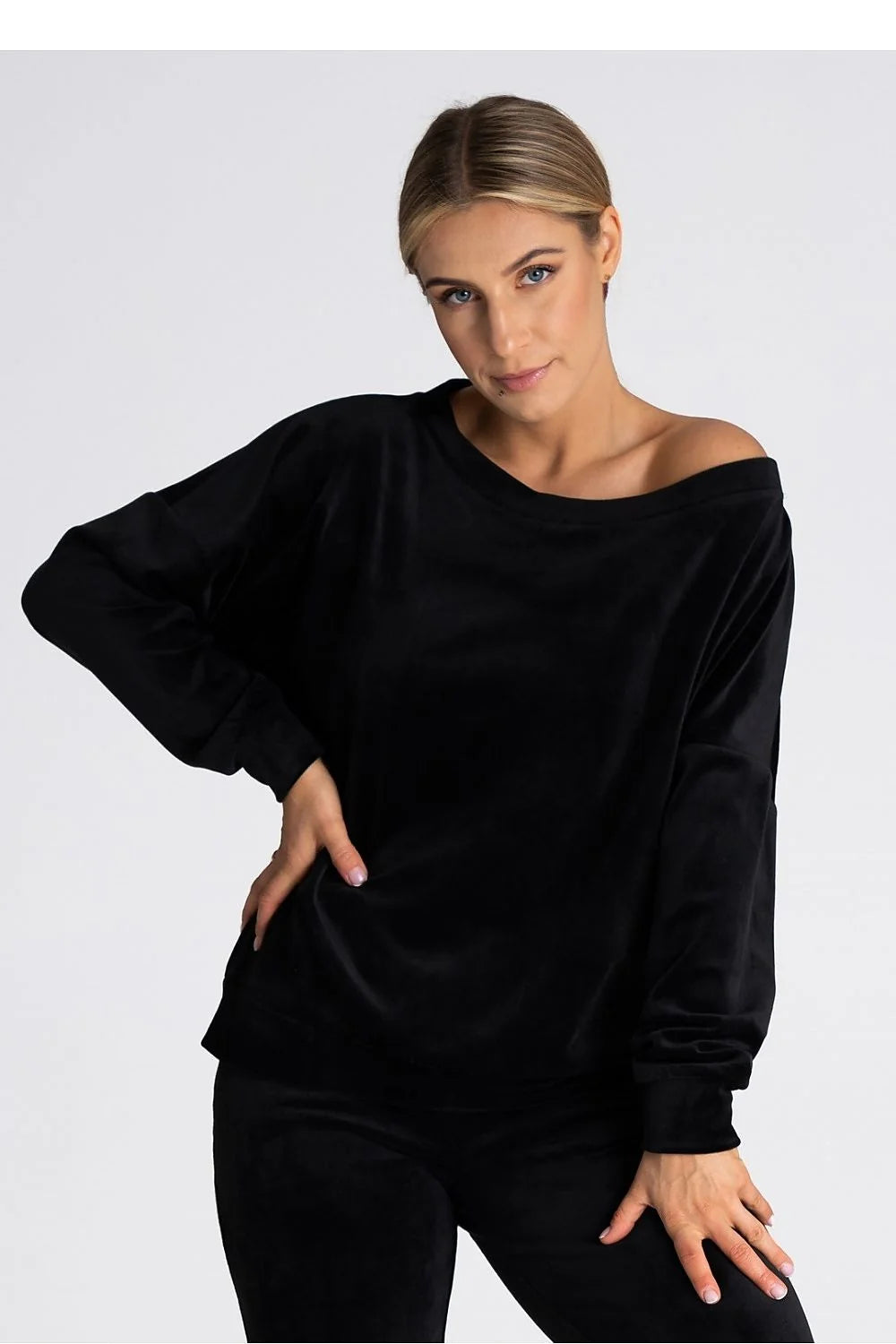 sweatshirt velours noir oversize femme Figl asymétrique encolure bateau manches longues bouffantes poignets côtelés doux extensible polyester elasthanne
